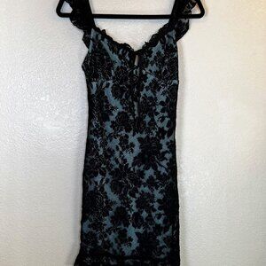Windsor‎ Black Floral Lace over Deep Green Satin Fitted Cocktail Party Dress S
